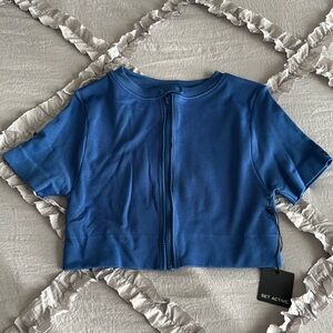 SET Active Blue Zip-Front Crop Top